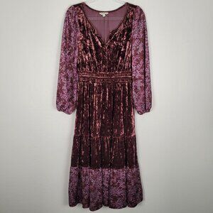 Frye And Co. Velvet Floral Midi Dress Tiered Long Sleeve Burgundy Purple Size S